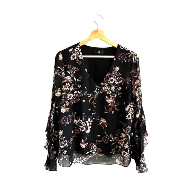 IZ Byer Black Floral Chiffon Top Size L Ruffled Boho Dark Floral Whimsigoth - Picture 1 of 8